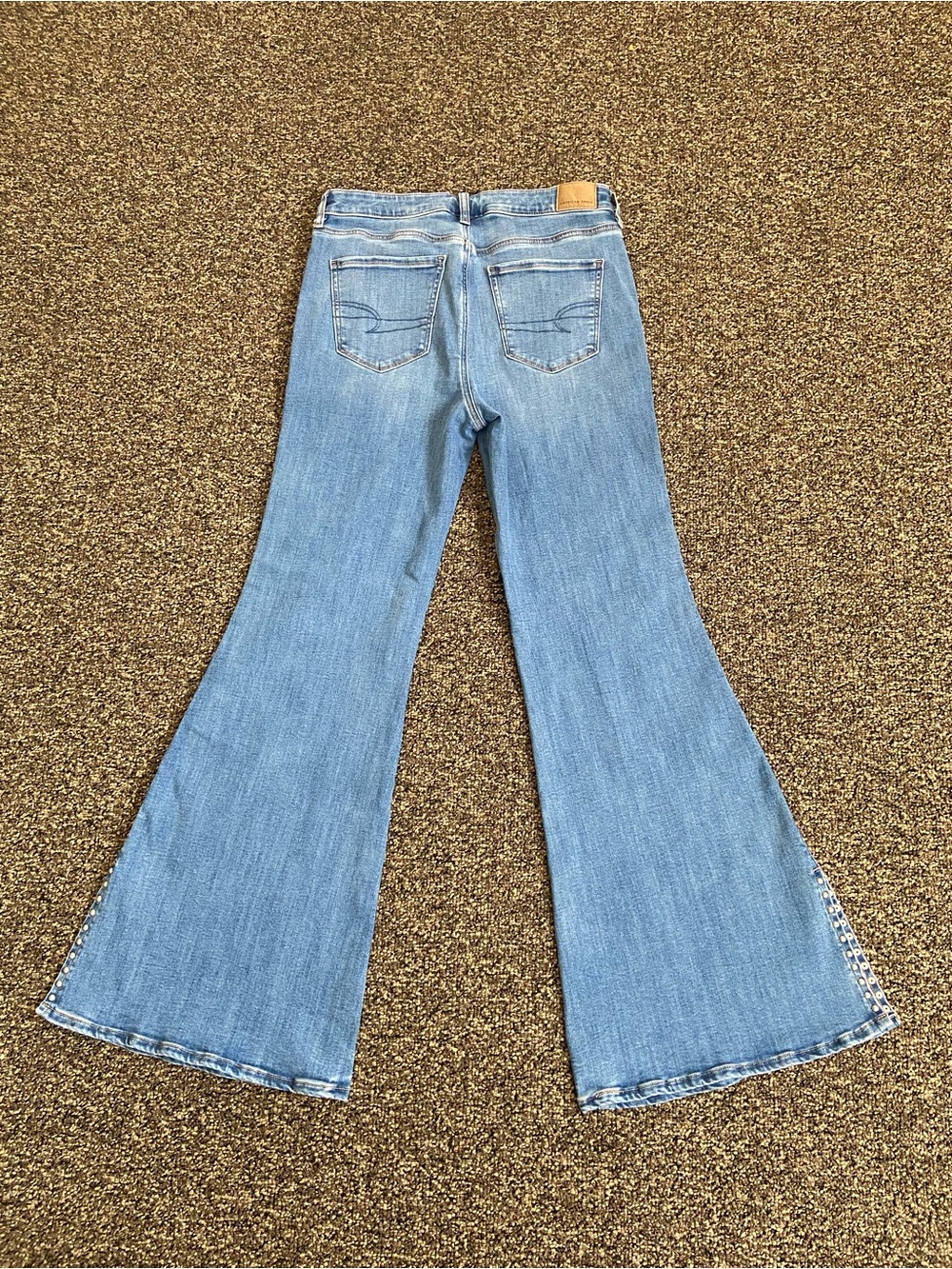 American Eagle Next Level Stretch Flare Jeans Side Slit Studded Hem Size 10 - Picture 3 of 16